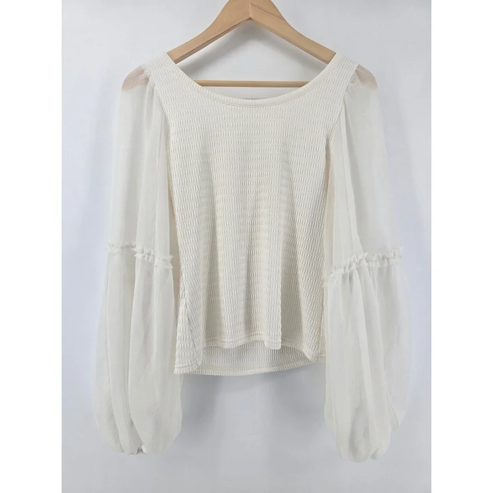 Anthropologie Blouse Womens Medium Ivory Smocked Sheer Balloon Sleeve Ruffle Top